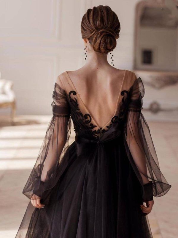 Elegant Black Illusion Full Sleeve V-Neck Lace Appliques Backless A-Line Ankle-Length Evening Dress in Evening Dresses