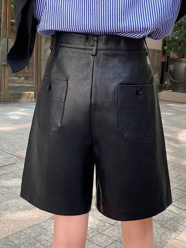 Back Buttons PU Leather Loose Shorts in Shorts