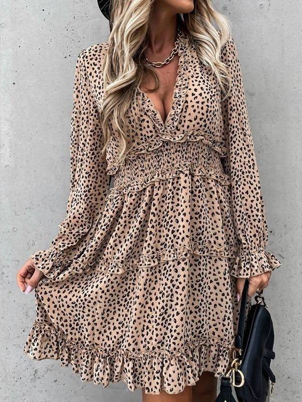 Deep V Neck Leopard Print Long Sleeve Ruffles A-Line Dress in Dresses