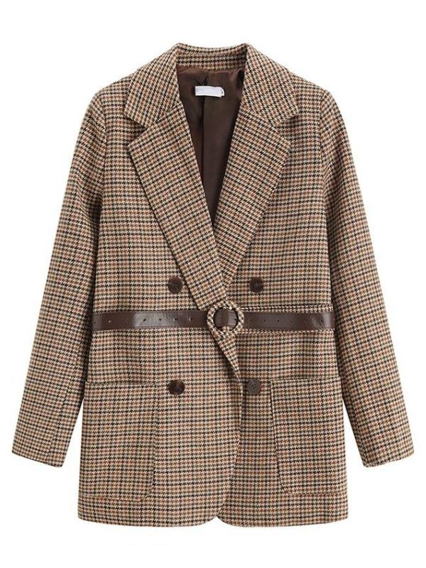 Vintage Houndstooth Sashes Double-Breasted Plaid Suit Jacket in Coats & Jackets