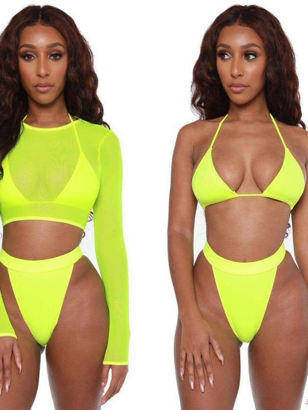 Neon Yellow Mesh Long Sleeve Cover Up Top Three Piece Swimsuit Bikini Set in Swimsuits
