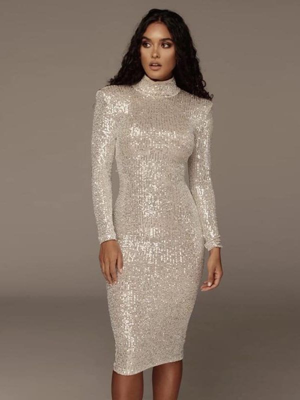 Elegant Sequined High Collar Long Sleeve Bodycon Tight Stretch Knee Length Dress in Bodycon Dress