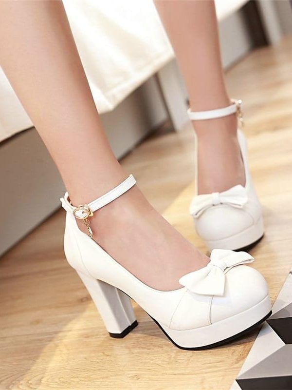 Sweet Bow High Heels Platform Bottom White Shoes in Women's Pumps