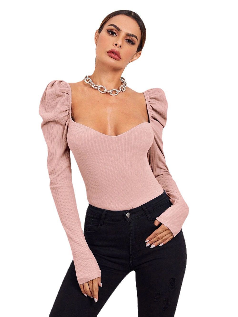 Bubble Long Sleeve Boat Neck Solid Color Slim Fit Top in T-shirts & Tops
