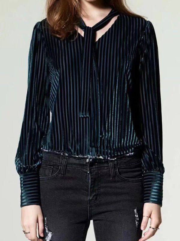 Retro Elegance Bow Collar Velvet Sunken Stripe  Shirt - Blouses & Shirts - Uniqistic.com