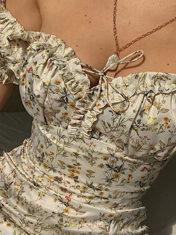 Floral Off Shoulder Puff Sleeve Lace Up Side Split Mid-Calf Dress in Dresses