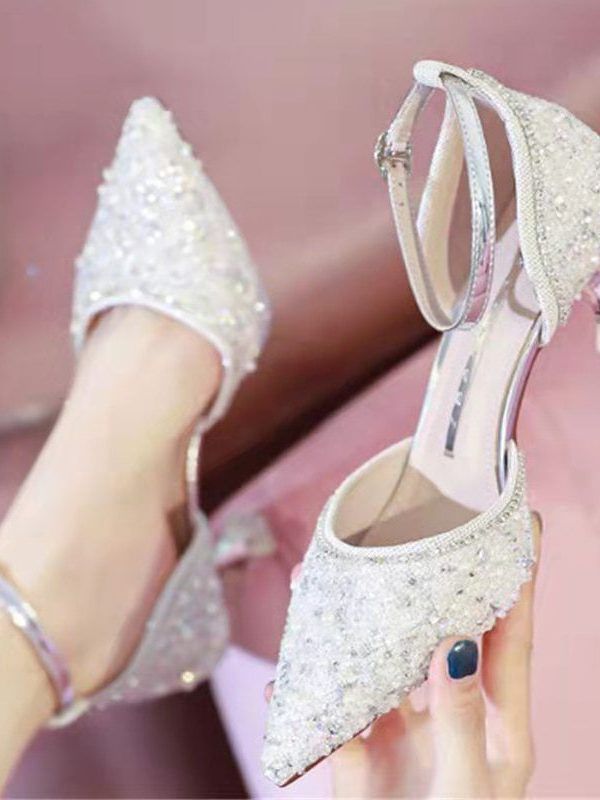 Bling Shiny Ankle Strap Crystal Pointed Toe Thin Heel Wedding Party Shoes in Women's Pumps