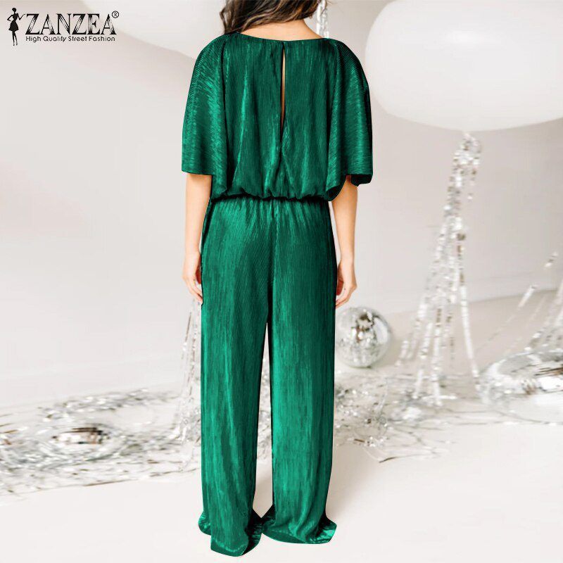 O Neck Half Sleeve Loose Satin Jumpsuit in Jumpsuits & Rompers
