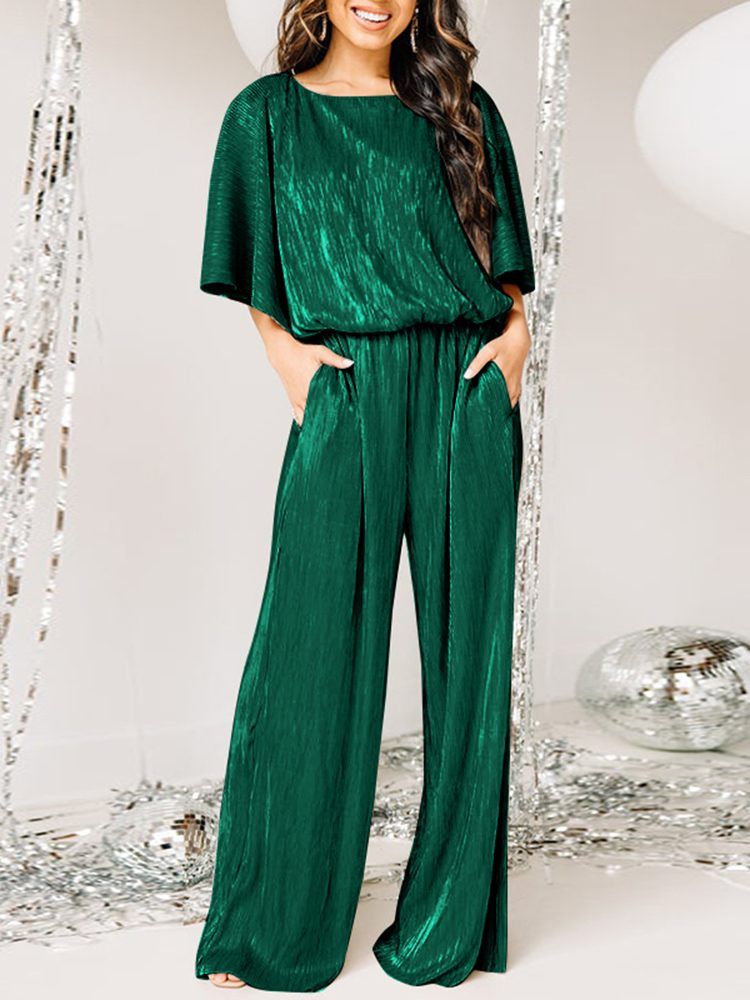 O Neck Half Sleeve Loose Satin Jumpsuit in Jumpsuits & Rompers