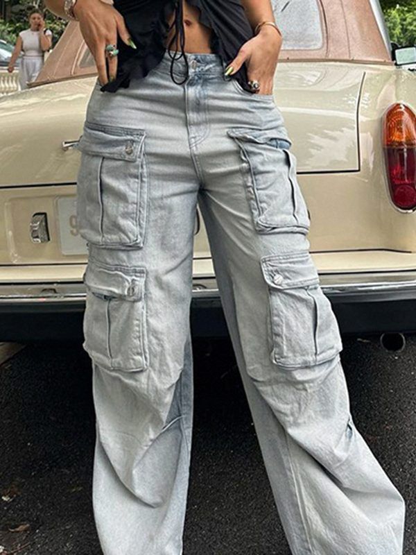 High Waist Zipper Multi Pocket Heavy Industry Trend Straight Loose Cargo Retro Denim Trousers - Pants - Uniqistic.com