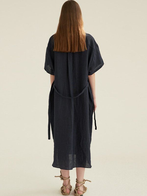 Cotton Linen Mid Length Shirt Collar Short Sleeve Dress - Dresses - Uniqistic.com